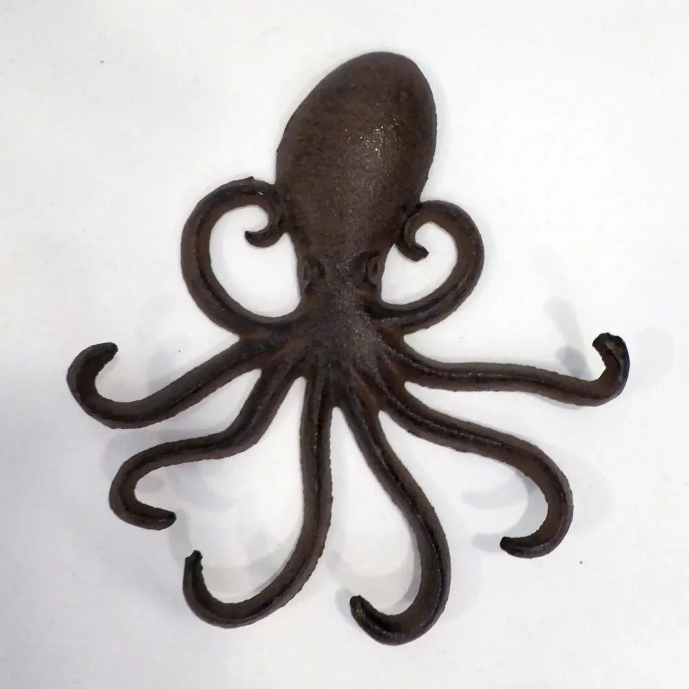 NEW 7” CAST IRON RUSTIC BROWN NAUTICAL SEA OCTOPUS WALL COAT TOWEL HOOK